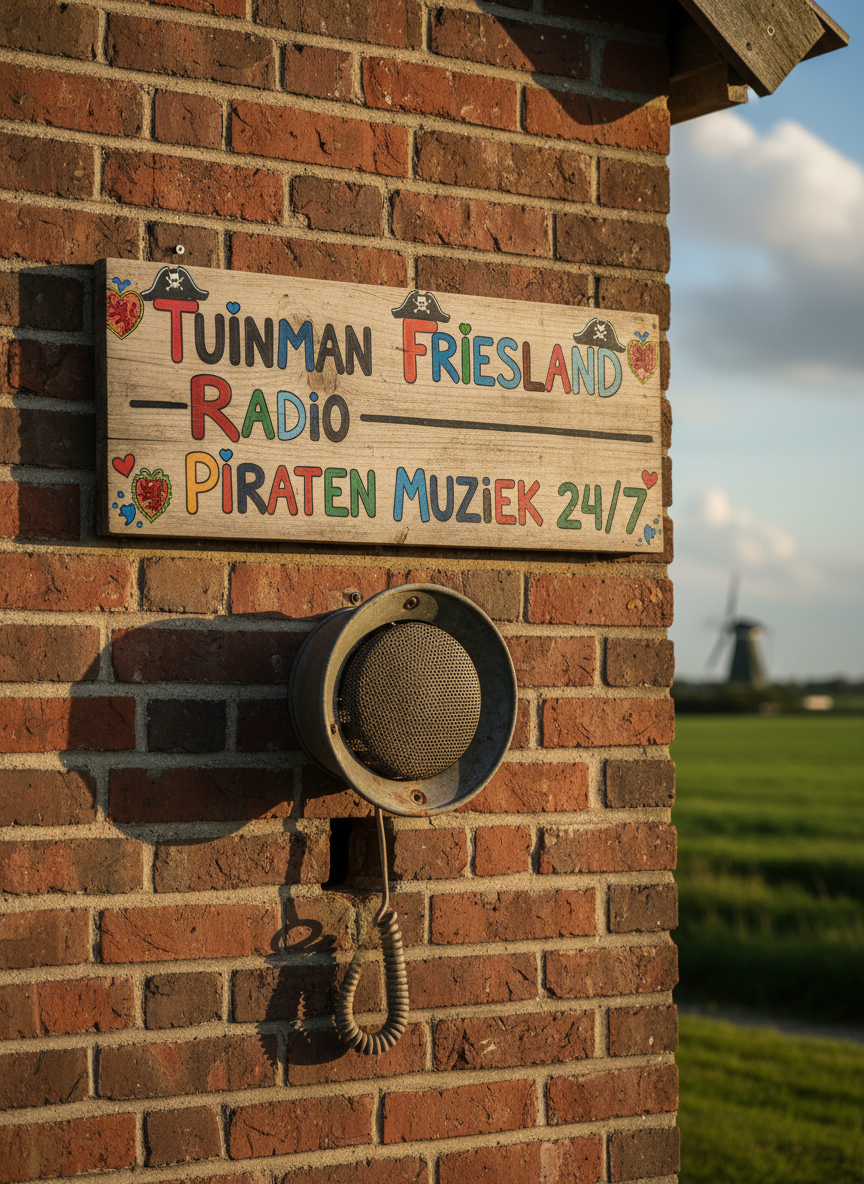 A detailed shot of a hand-painted wooden sign reading “Tuinman Friesland Radio – Piraten Muziek 24/7” hanging slightly askew on the outside wall of a traditional red-brick barn. The letters are bold and colorful, with small cartoon pirate hats and Friesland hearts decorating the edges. Below, an old weathered speaker is mounted, its metal grille rust-kissed and slightly dented, a coiled cable leading inside. Golden evening sunlight grazes the bricks and sign, enhancing every texture and imperfection. Photographic realism, captured straight-on with shallow depth of field so the sign is crisp while the surrounding farmland and sky blur softly, creating a playful, secret-broadcast vibe.