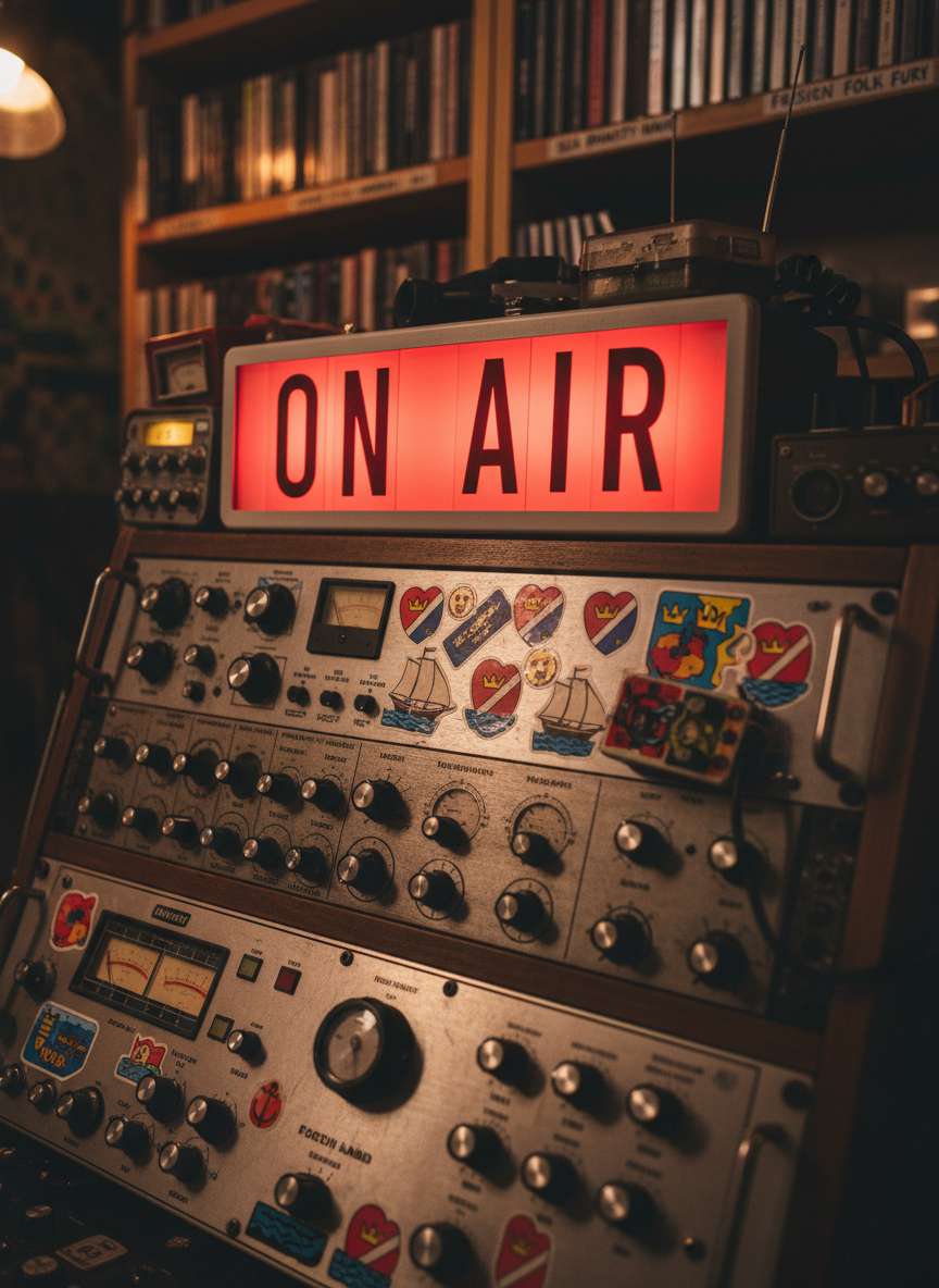 A close-up of a playful “On Air” lightbox glowing bright red atop a scratched metal rack of vintage broadcast equipment, surrounded by sticker-covered pirate radio gear. The stickers show cartoon ships, anchors, and Friesland symbols in bold primary colors. Faint reflections of the glowing sign shimmer on brushed steel surfaces. The background reveals blurred shelves of cassette tapes and CDs labeled with handwritten pirate music genres. Warm, slightly dim studio lighting creates deep, cozy shadows. Photographic realism, shot from a low angle with shallow depth of field, giving the “On Air” sign strong presence and a mischievous, underground radio mood that matches the playful personality of Tuinman Friesland Radio.