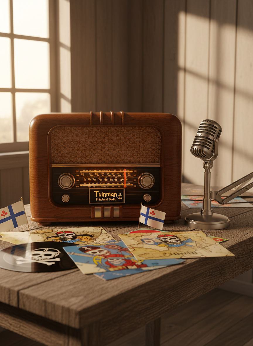 A vintage wooden radio console with chrome dials, softly glowing orange frequency scale, and a small digital display showing “Tuinman Friesland Radio” in playful lettering, stands on a worn oak table. Around it lie scattered vinyl singles with brightly colored pirate-style covers and Friesland flags, plus a classic microphone on a spring arm. Warm golden-hour light from a farmhouse window washes over the scene, casting long, cozy shadows across textured wooden walls. Photographic realism, shot at eye level with shallow depth of field, making the radio the sharp focal point while the background melts into a soft bokeh. The mood is nostalgic, playful, and inviting, perfectly evoking pirate music from Friesland without showing any people.