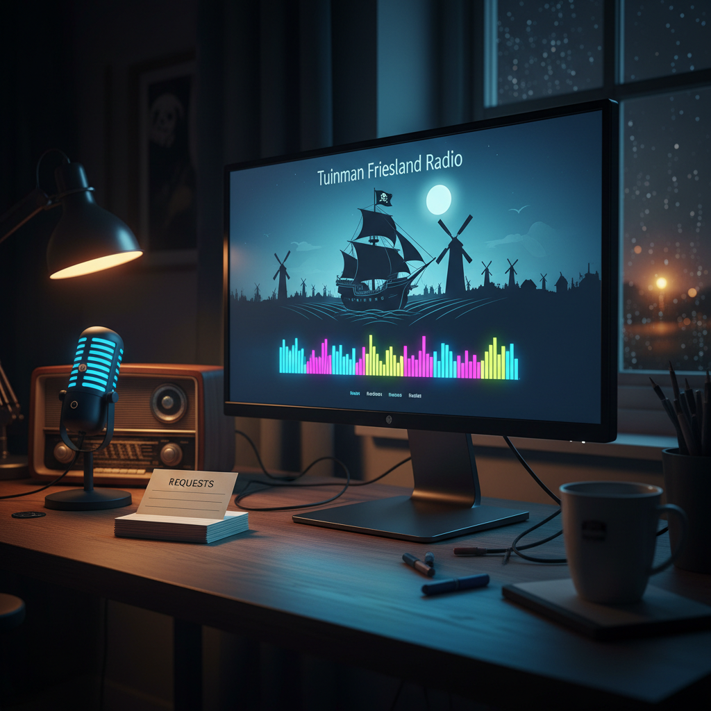 A late-night desktop scene with a large computer monitor displaying a vibrant Tuinman Friesland Radio web player, equalizer bars bouncing in neon colors while a pirate-ship logo sails over a silhouette of Frisian farmland. Beside the monitor, a small retro radio, a stack of blank request cards, and a glowing USB microphone sit on a slightly messy wooden desk. Outside a rain-speckled window, blurred farm lights shimmer. Cool blue light from the monitor mixes with faint warm lamplight, creating a cozy, slightly rebellious atmosphere. Photographic realism, captured from a three-quarter angle with the screen in crisp focus and the background gently blurred, emphasizing online listening, requesting tracks, and chatting along with pirate music.