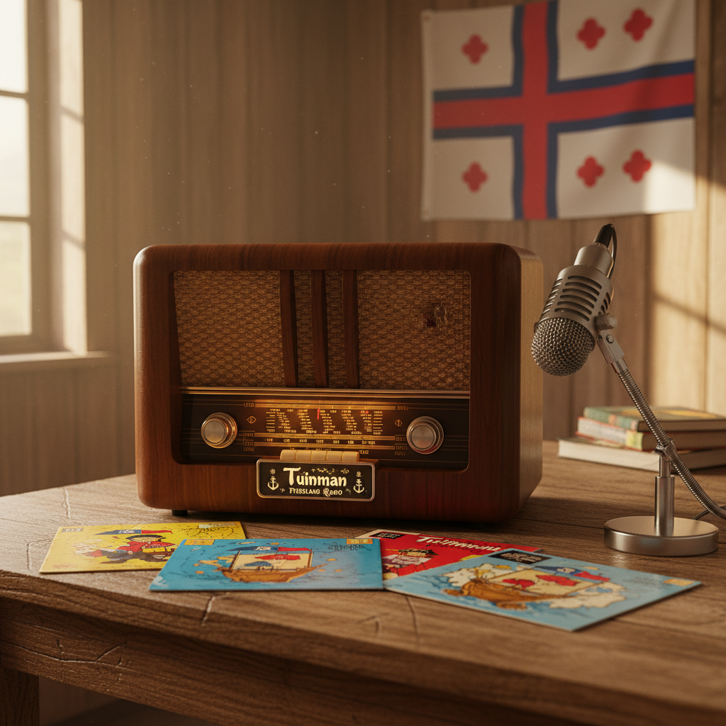 A vintage wooden radio console with chrome dials, softly glowing orange frequency scale, and a small digital display showing “Tuinman Friesland Radio” in playful lettering, stands on a worn oak table. Around it lie scattered vinyl singles with brightly colored pirate-style covers and Friesland flags, plus a classic microphone on a spring arm. Warm golden-hour light from a farmhouse window washes over the scene, casting long, cozy shadows across textured wooden walls. Photographic realism, shot at eye level with shallow depth of field, making the radio the sharp focal point while the background melts into a soft bokeh. The mood is nostalgic, playful, and inviting, perfectly evoking pirate music from Friesland without showing any people.
