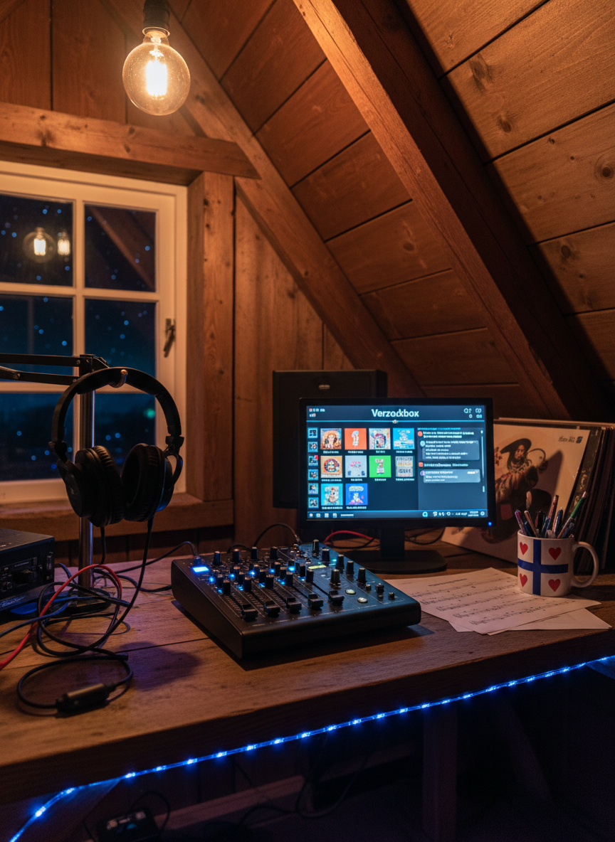 A compact, modern internet radio setup in a cozy attic space of a Frisian farmhouse, featuring a sleek black audio mixer, studio headphones resting on a hook, and a small screen displaying a colorful “Verzoekbox” interface packed with song titles. Cables snake playfully across a rustic wooden desk, next to a Friesland flag mug filled with pens. Soft, cool-toned LED strips under the desk contrast with warm overhead bulb light, creating a lively yet intimate atmosphere. Photographic realism, captured from a slightly elevated angle with sharp focus throughout, emphasizing the fun chaos of a pirate music studio where listeners can request songs and chat along, yet no humans appear in frame.