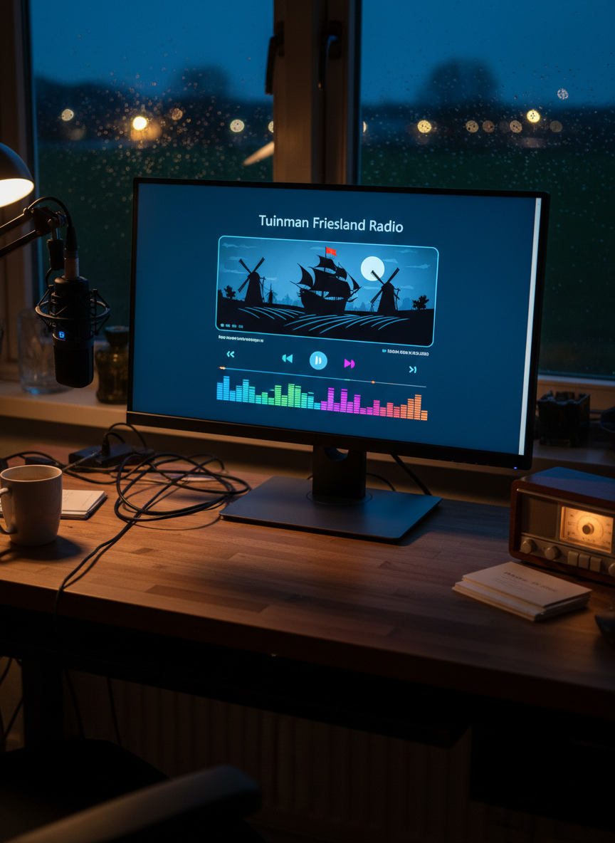 A late-night desktop scene with a large computer monitor displaying a vibrant Tuinman Friesland Radio web player, equalizer bars bouncing in neon colors while a pirate-ship logo sails over a silhouette of Frisian farmland. Beside the monitor, a small retro radio, a stack of blank request cards, and a glowing USB microphone sit on a slightly messy wooden desk. Outside a rain-speckled window, blurred farm lights shimmer. Cool blue light from the monitor mixes with faint warm lamplight, creating a cozy, slightly rebellious atmosphere. Photographic realism, captured from a three-quarter angle with the screen in crisp focus and the background gently blurred, emphasizing online listening, requesting tracks, and chatting along with pirate music.