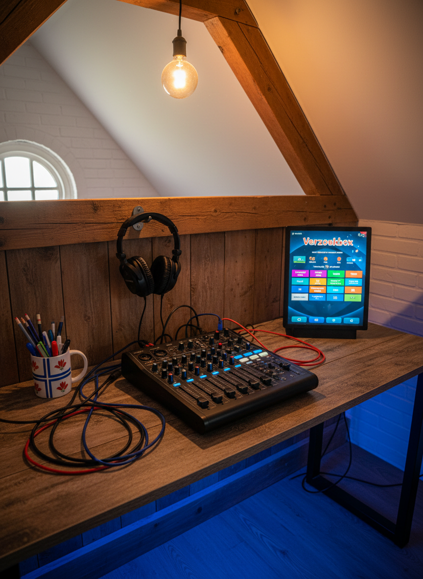 A compact, modern internet radio setup in a cozy attic space of a Frisian farmhouse, featuring a sleek black audio mixer, studio headphones resting on a hook, and a small screen displaying a colorful “Verzoekbox” interface packed with song titles. Cables snake playfully across a rustic wooden desk, next to a Friesland flag mug filled with pens. Soft, cool-toned LED strips under the desk contrast with warm overhead bulb light, creating a lively yet intimate atmosphere. Photographic realism, captured from a slightly elevated angle with sharp focus throughout, emphasizing the fun chaos of a pirate music studio where listeners can request songs and chat along, yet no humans appear in frame.