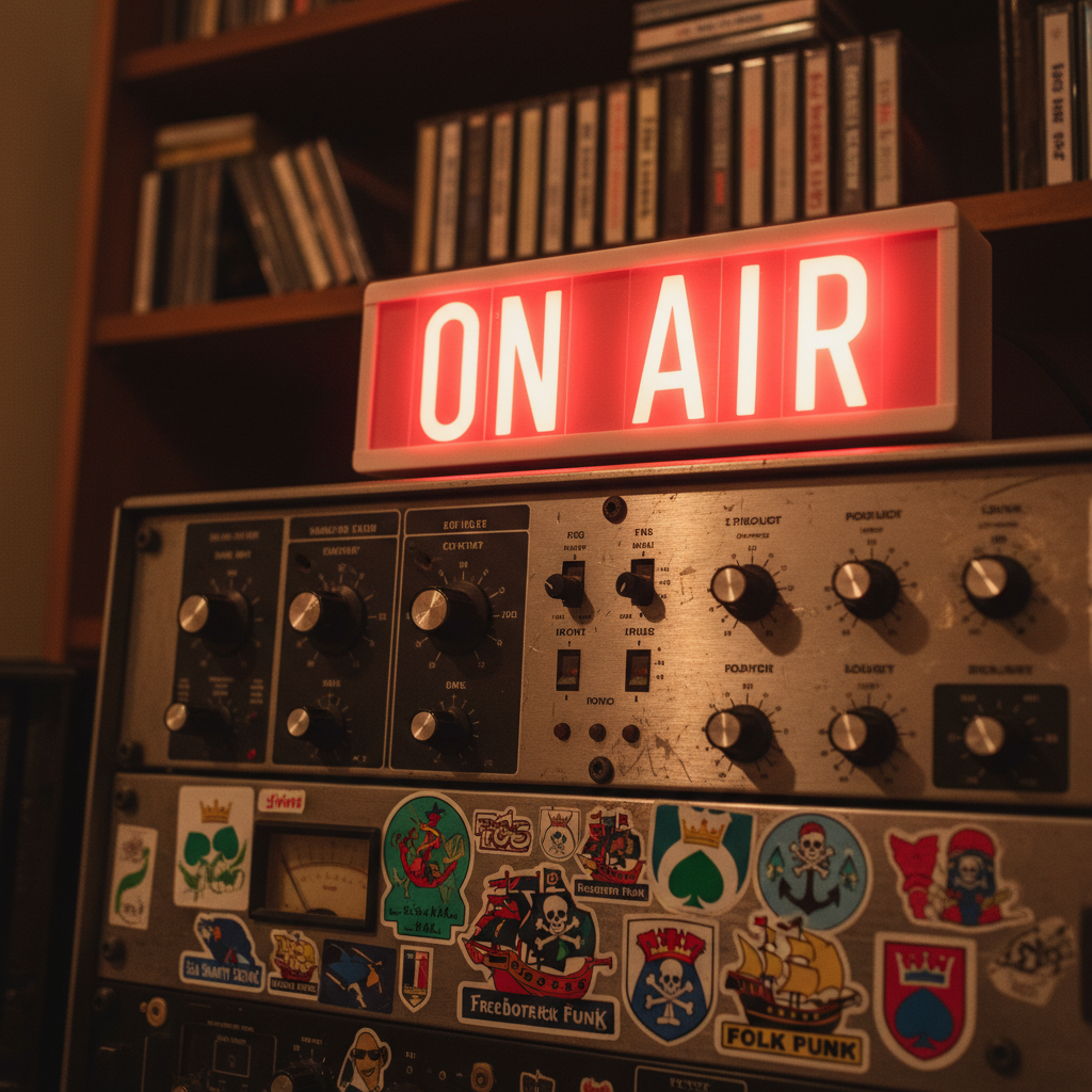 A close-up of a playful “On Air” lightbox glowing bright red atop a scratched metal rack of vintage broadcast equipment, surrounded by sticker-covered pirate radio gear. The stickers show cartoon ships, anchors, and Friesland symbols in bold primary colors. Faint reflections of the glowing sign shimmer on brushed steel surfaces. The background reveals blurred shelves of cassette tapes and CDs labeled with handwritten pirate music genres. Warm, slightly dim studio lighting creates deep, cozy shadows. Photographic realism, shot from a low angle with shallow depth of field, giving the “On Air” sign strong presence and a mischievous, underground radio mood that matches the playful personality of Tuinman Friesland Radio.