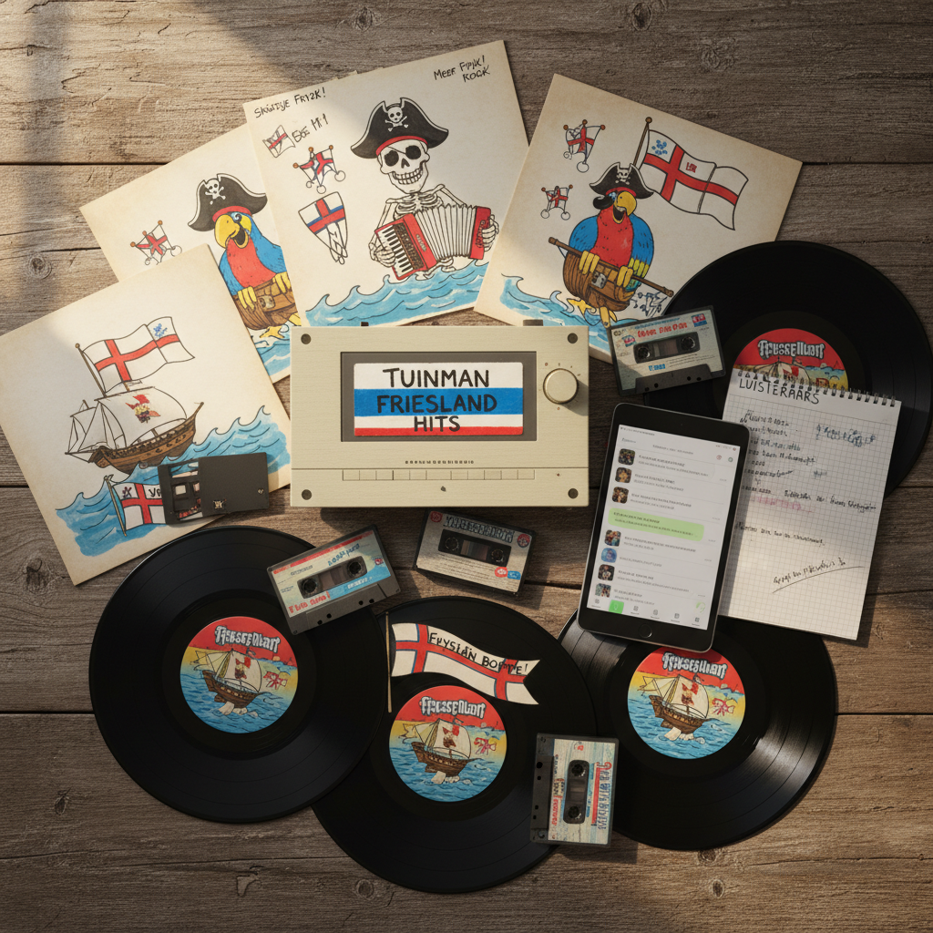 An overhead, bird’s-eye view of a colorful arrangement of pirate music media spread across a rough wooden table: weathered vinyl singles with playful pirate illustrations, Frisian flag colors, handwritten setlists, and a classic cassette deck with a tape labeled “Tuinman Friesland Hits.” A small tablet in the middle shows a chat window full of speech bubbles, next to a notepad scribbled with listener requests. Warm, diffused afternoon light falls from an unseen window, creating soft shadows that highlight the textures of paper, plastic, and wood. Photographic realism with sharp focus across the frame, giving a vibrant, energetic yet homely feel that captures the playful spirit of Friesland pirate music culture, all without any people.