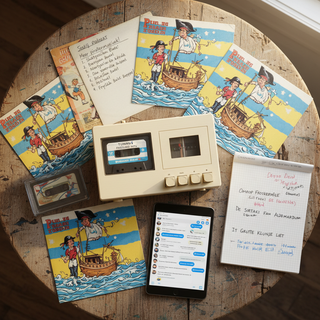 An overhead, bird’s-eye view of a colorful arrangement of pirate music media spread across a rough wooden table: weathered vinyl singles with playful pirate illustrations, Frisian flag colors, handwritten setlists, and a classic cassette deck with a tape labeled “Tuinman Friesland Hits.” A small tablet in the middle shows a chat window full of speech bubbles, next to a notepad scribbled with listener requests. Warm, diffused afternoon light falls from an unseen window, creating soft shadows that highlight the textures of paper, plastic, and wood. Photographic realism with sharp focus across the frame, giving a vibrant, energetic yet homely feel that captures the playful spirit of Friesland pirate music culture, all without any people.